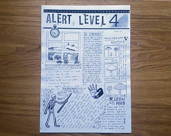 zine cover: Alert Level 4, no. 1. tri-folded sheet with handwritten text illustrated with clip art and handdrawings