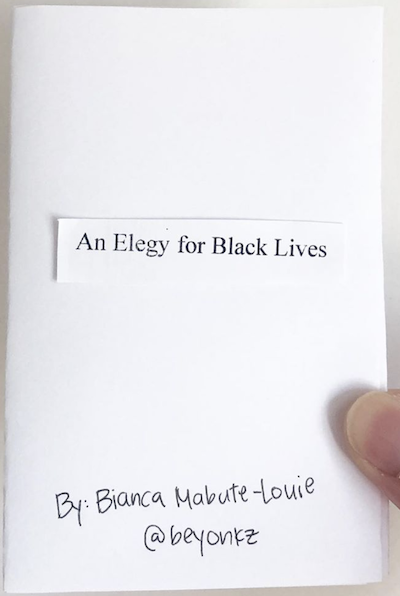 photo of thumb and zine cover: Elegy for Black Lives. Title on paper pasted onto paper. 