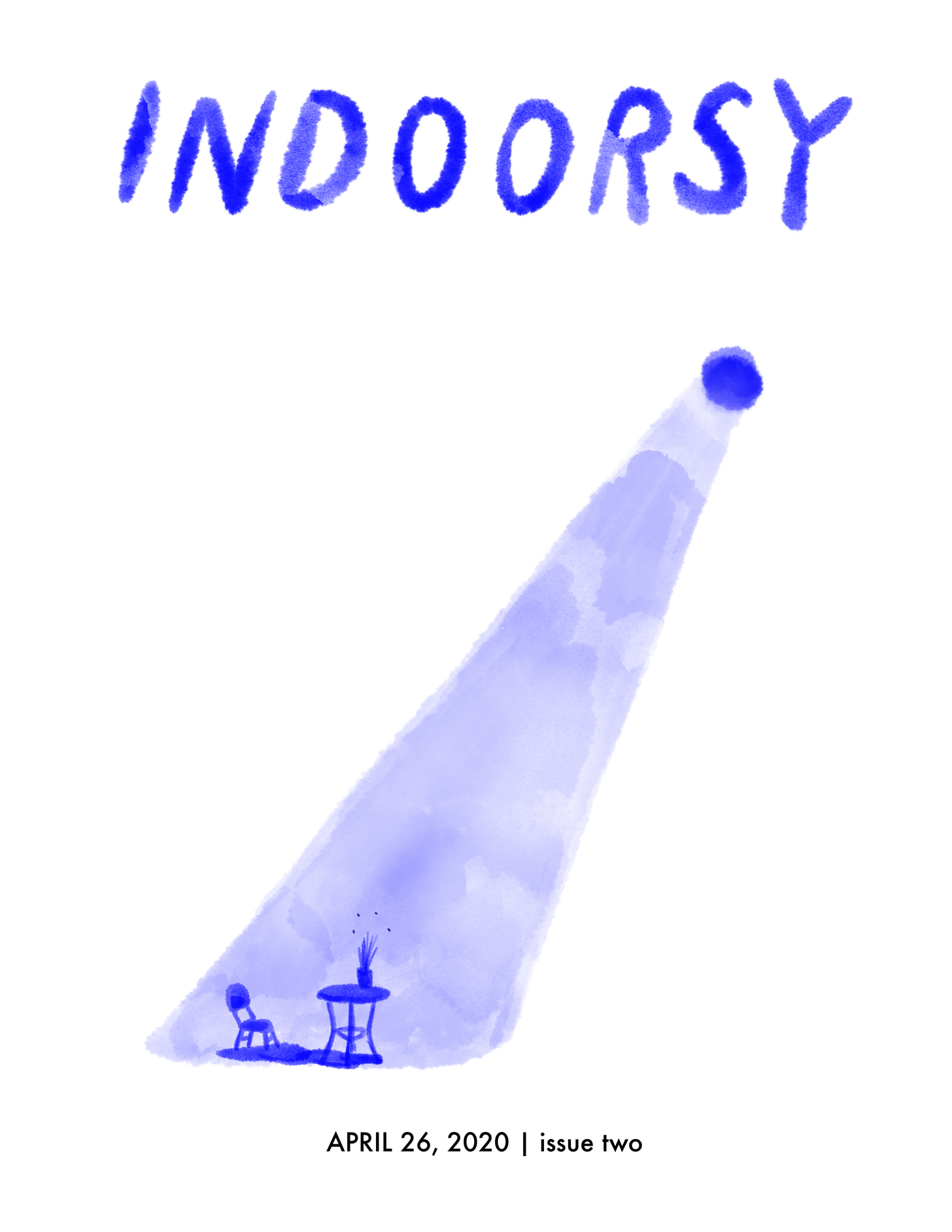 zine cover: Indoorsy #2. Spotlight on a chair and table. 
