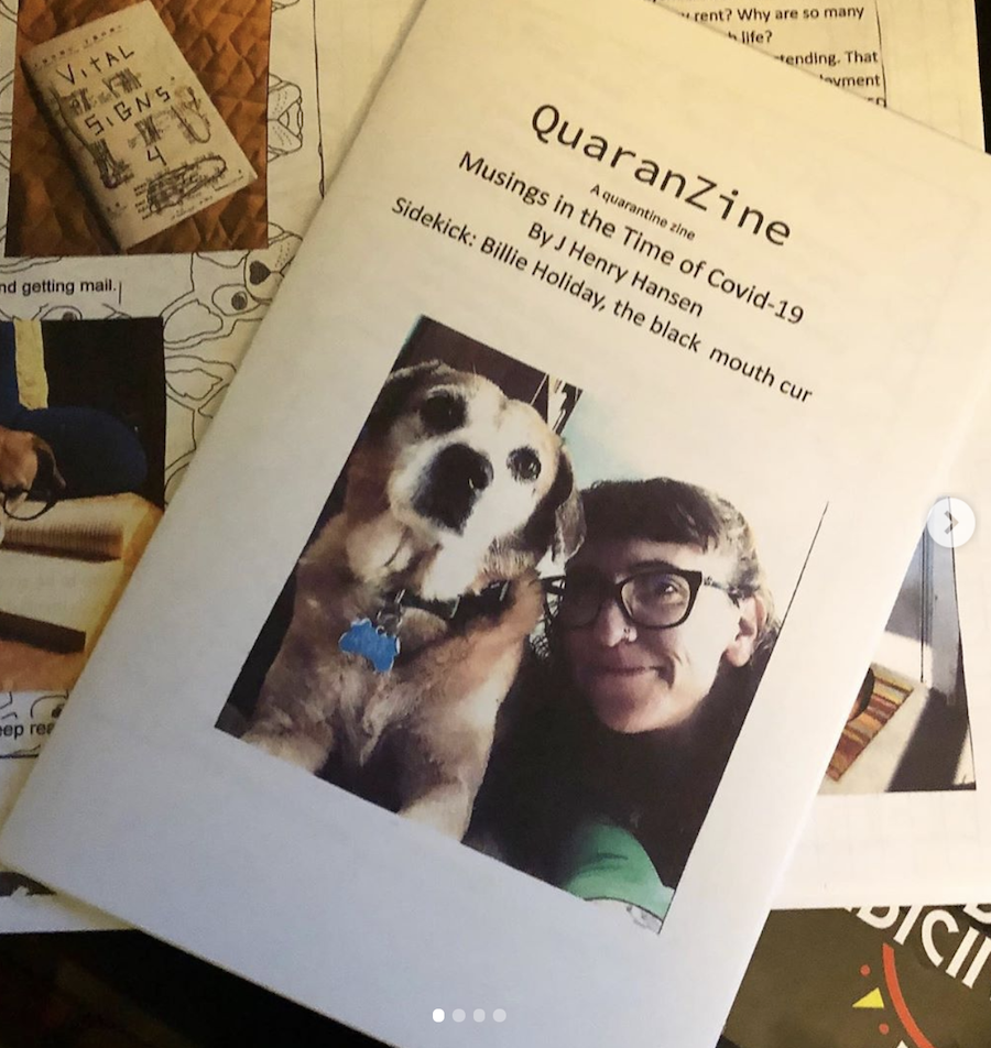photo of zine over collage of other zines: color photo of author and her dog