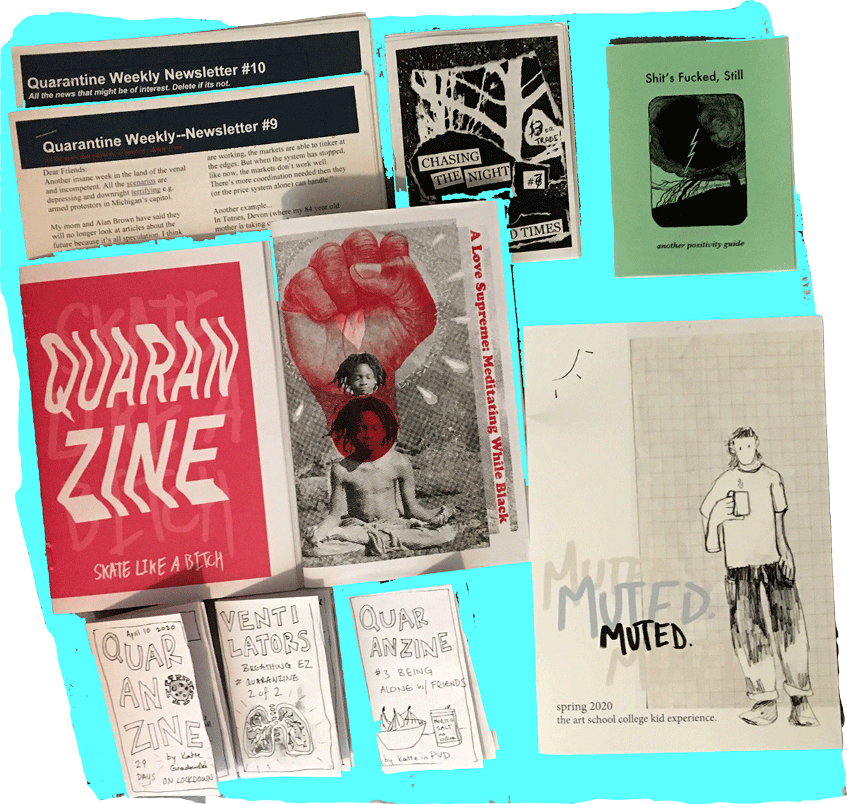 photo of this week's ten zines on a bright blue background