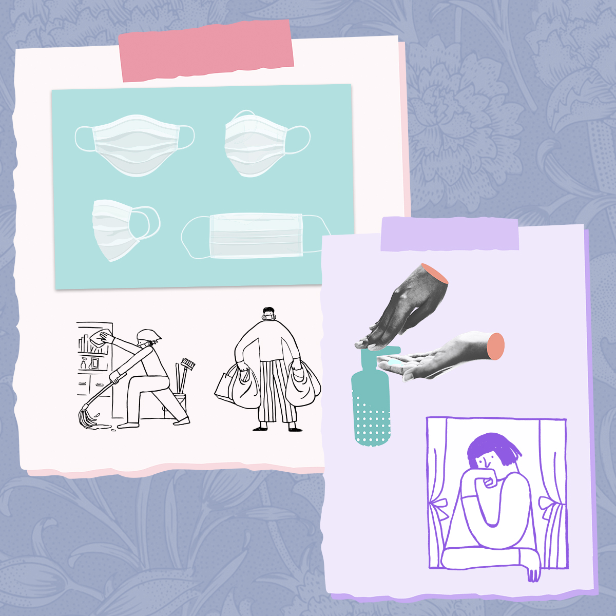 Illustrations of COVID-19 related scenes: face masks, washing hands, cleaning, grocery shopping, sitting alone by a window