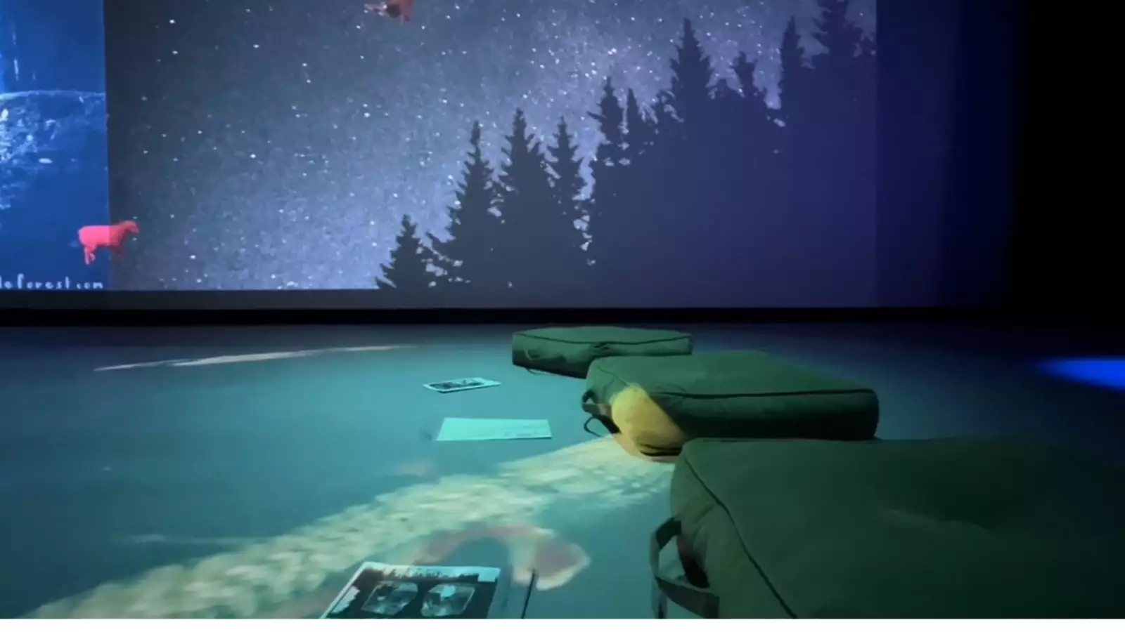 Blue nature projections of clouds and water with green cushions and zines laid on the floor